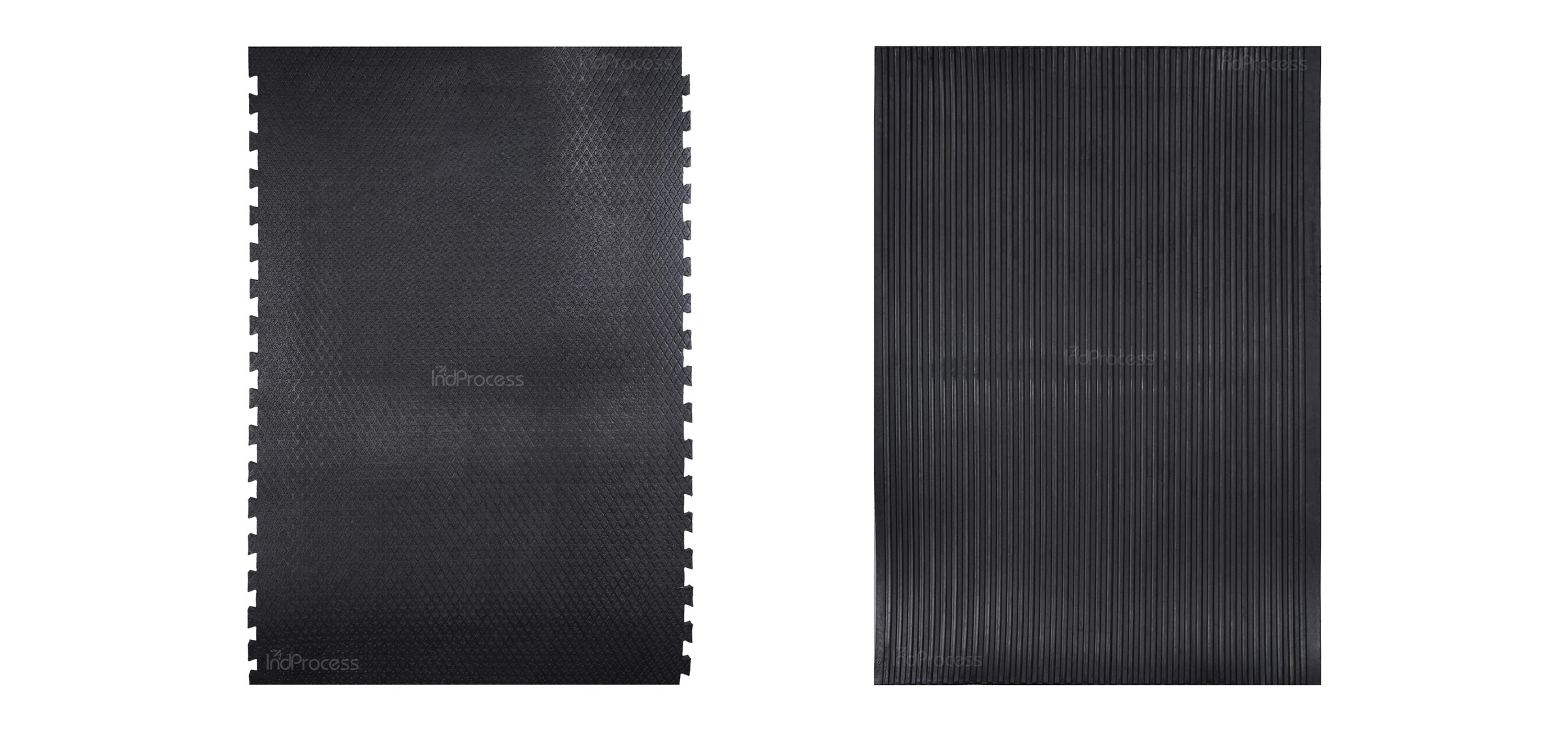 Diamond top with rib bottom mat: top surface with interlocking edges (left) and ribbed underside (right). A stable mat is the sum of a dozen decisions; most are invisible once the bedding goes down.