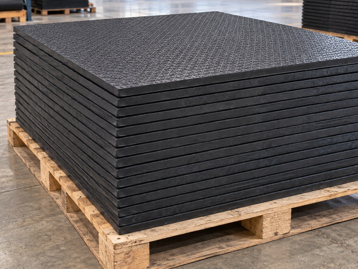 Rubber stable mats stacked flat on a pallet for dispatch